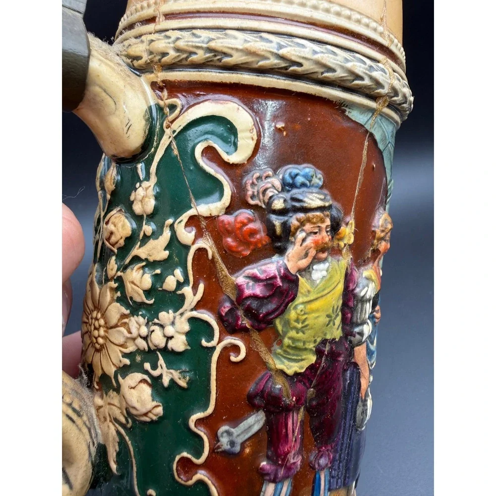 Antique German Beer Stein 0.5L Relief Scene Pewter Lid‎ Stoneware 531